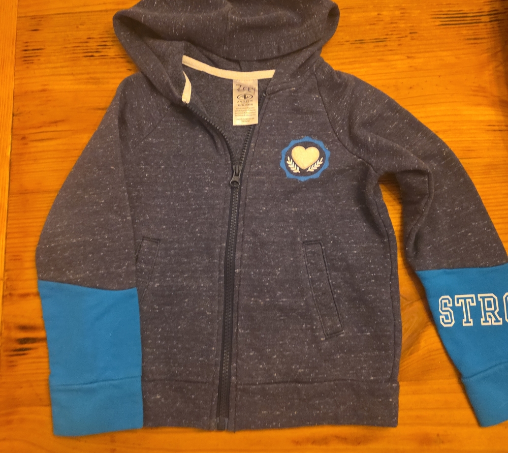 Athletic Works navy zip hoodie with bright blue cuffs and heart emblem